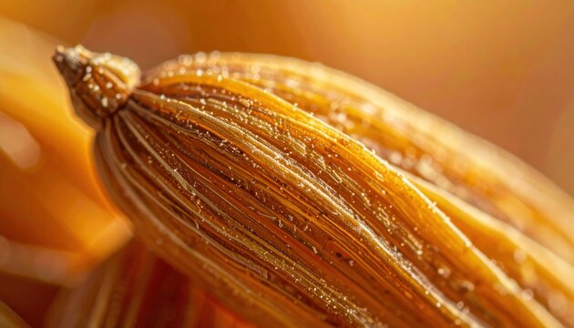 Close-up of a golden-brown cumin seed, showcasing its intricate texture.