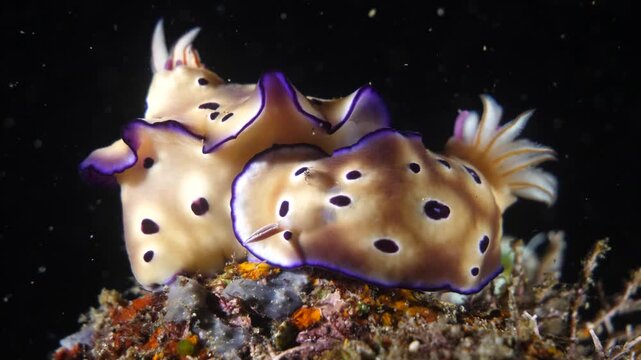 Close-up of two Risbecia nudibranchs with purple markings gliding across coral substrate in the Banda Sea, Maluku, Indonesia.