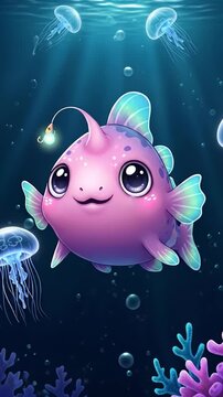 Adorable pink fish swimming in a bright underwater world.