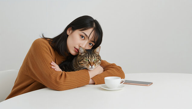白いハイキー背景で日本人女性が猫を抱きコピー余白を確保