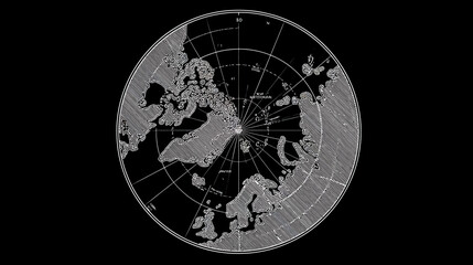 A stylized map of the Arctic region in a circular frame, featuring lines of latitude and longitude