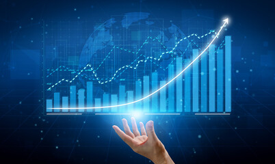 A digital visualization displays a hand reaching toward a rising graph, symbolizing growth and technological advancement in data analysis and finance. Impute