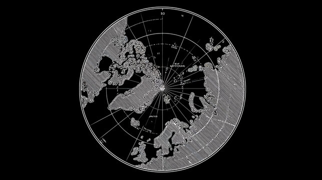 A stylized map of the Arctic region in a circular frame, featuring lines of latitude and longitude