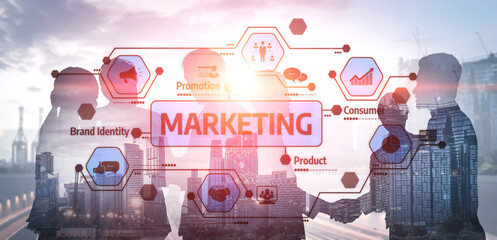 Illustration of marketing strategy featuring business professionals' silhouettes, futuristic...