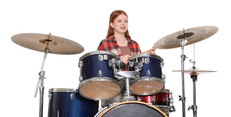 Fototapeta premium Teenage girl with drumsticks and drums on white background