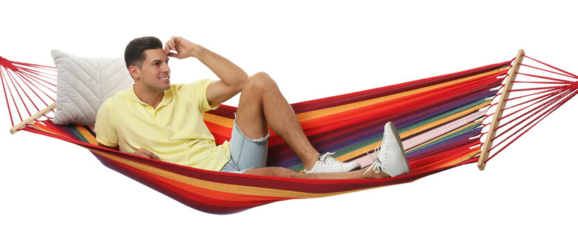 Man resting in hammock on white background