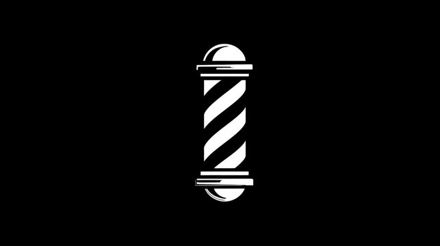 A white barber pole with spiraling stripes against a stark black background