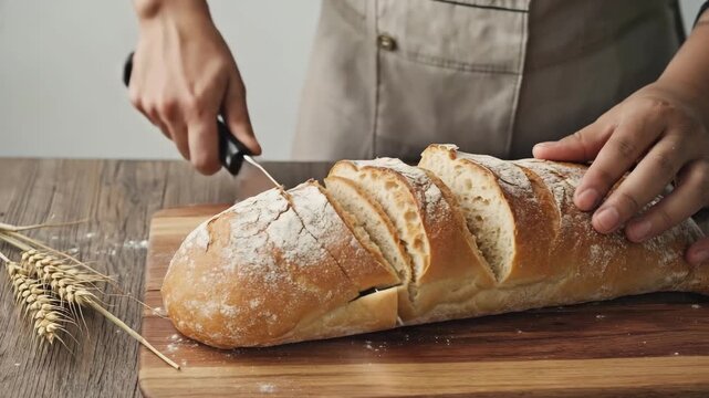 Slicing Freshly Baked Artisan Bread on a Wooden Board, homemade food concept