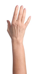Obraz premium Woman with raising hand on white background, closeup