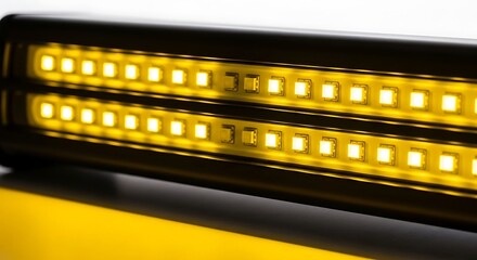 Close-up of a dual-row LED light bar emitting a bright, yellow glow against a white backdrop