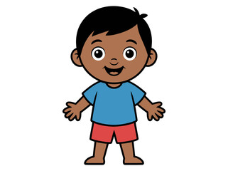 Obraz premium A cheerful cartoon boy with dark skin and black hair standing with outstretched arms in a blue shirt and red shorts.