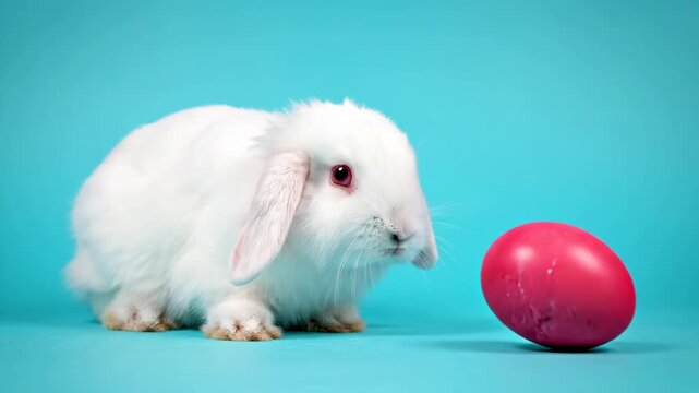 White rabbit discovering pink easter egg in studio sequence. Bunny sniffing and nuzzling holiday decoration. Adorable spring celebration concept for festive imagery.