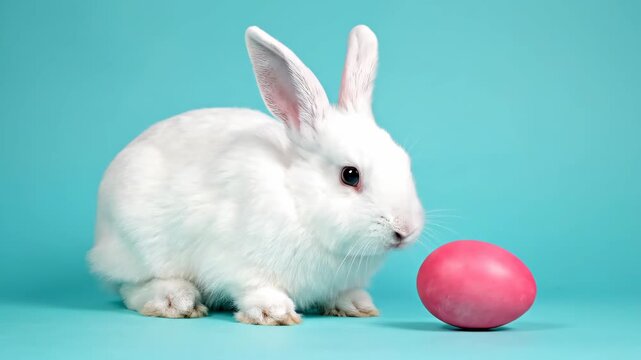 White rabbit approaches pink easter egg in studio setup. Bunny sniffs and touches egg curiously before holding it between paws. Adorable animal interaction symbolizing spring holiday joy and