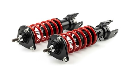 Close-up of two automotive shock absorbers with red springs on a white backdrop