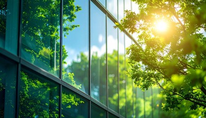 Corporate Glass Building Facade Reflecting Green Trees, Defocused