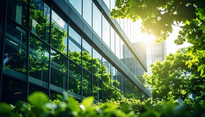 Corporate Glass Building Facade Reflecting Green Trees, Defocused