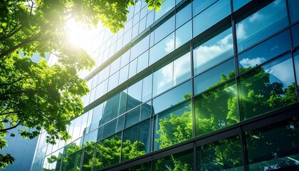 Corporate Glass Building Facade Reflecting Green Trees, Defocused