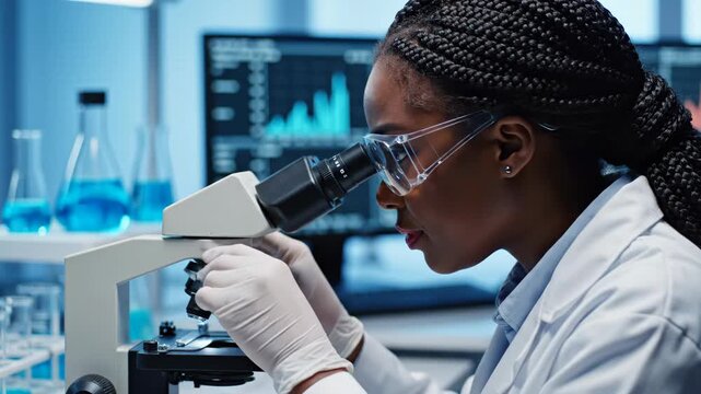 African American woman scientist examining sample under microscope in modern laboratory. Side profile closeup of researcher analyzing specimen with focus and precision. Biology research and