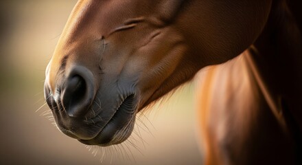 Horse Muzzle. Extreme close-up of a brown horse's nose and muzzle, showing fine hairs and skin texture in soft lighting