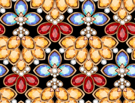 Jewelry, crystals seamless pattern. Different shapes colorful jems and stones. Texture for textile, paper. Simple flat diamonds and minerals. Vector abstract geometric jewel elements