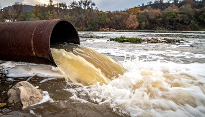 Industrial Water Pollution from Rusty Pipe Discharging Toxic Waste