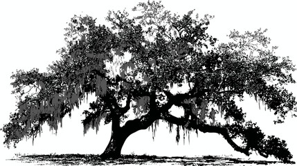 A large, stylized illustration of a tree with heavy foliage and Spanish moss, rendered in black and white
