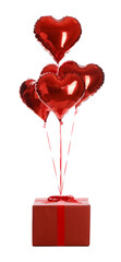 Heart-shaped red balloons and gift box isolated on white. Valentine's Day