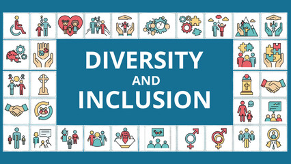 Diversity and inclusion concept with various multicultural icons and symbols representing equality and acceptance in a harmonious society