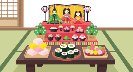 Obraz premium Hinamatsuri Food and Dolls Poster Vector Illustration of Traditional Japanese Festival Celebration with Doll Display and Seasonal Dishes in Cute Flat Style