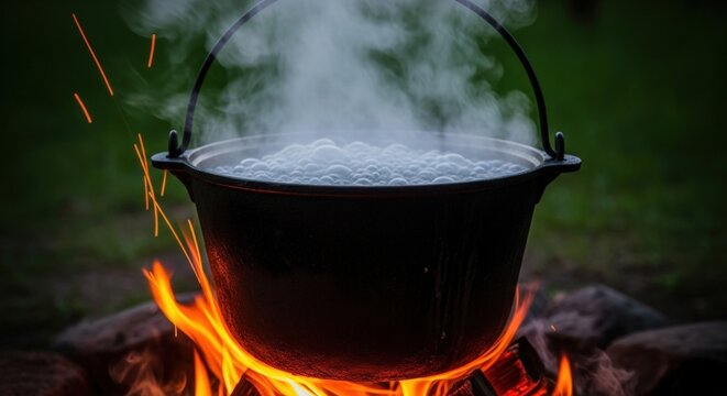 Cast iron pot boiling over campfire