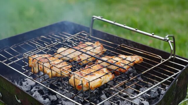 Chicken Pieces Grilling on a Charcoal Barbecue Outdoors, outdoor cooking concept