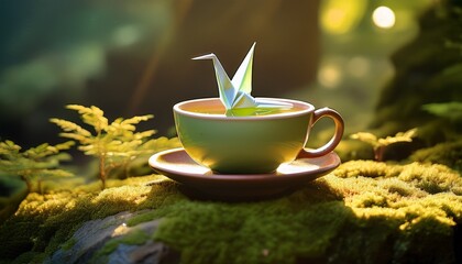 origami crane floats in green tea on mossy stone bathed in sunlight