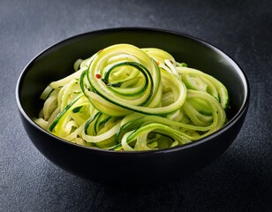 spiralized zucchini noodles in a black bowl on a dark background close up view with copy space concept for a healthy plant based meal idea