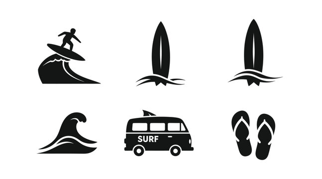 Surf icons featuring a wave board van and flip flops silhouette