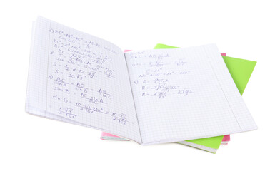 Fototapeta premium Homework. Notebook with math formulas and stack of notebooks isolated on white