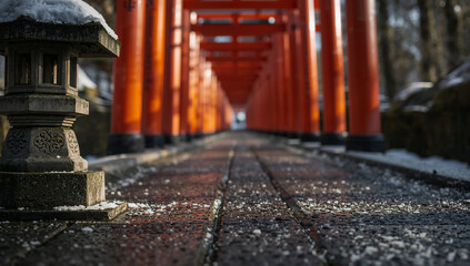 2月の京都・雪の神社参道に差す朝の光