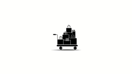 Obraz premium Black silhouette of a hand truck loaded with boxes, packages, and shopping bags, on white