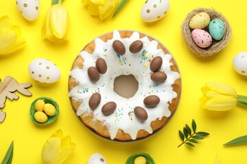 Fototapeta premium Delicious Easter cake, painted eggs, tulip flowers and green leaves on yellow background, flat lay