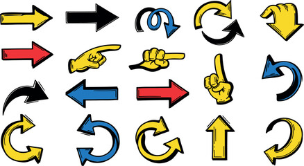 Colorful comic arrow set. Hand drawn pointing fingers, bold cursors and loop signs. Fun vector collection for creative design © FreelancerHasin
