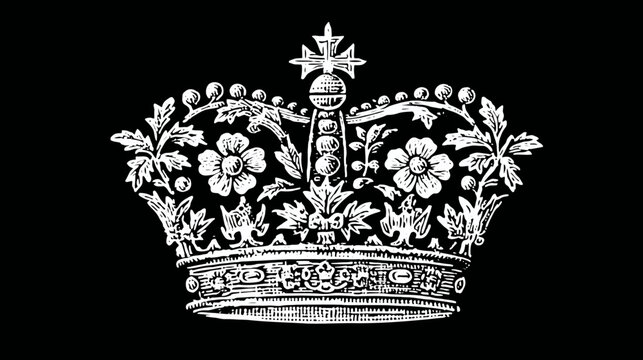 Intricately detailed white illustration of a crown with floral and geometric elements on a black background