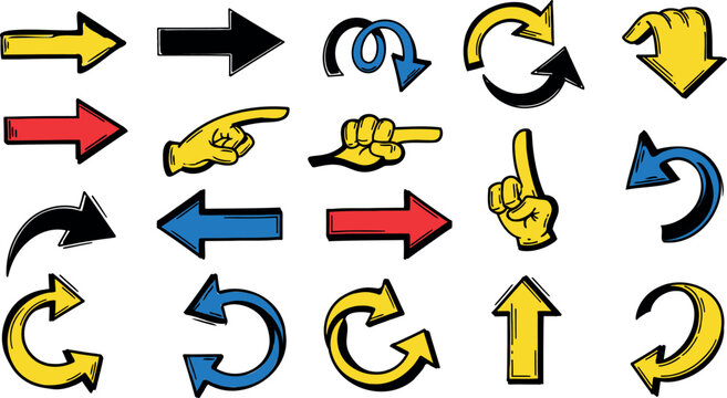 Colorful comic arrow set. Hand drawn pointing fingers, bold cursors and loop signs. Fun vector collection for creative design