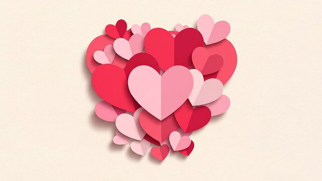 Artistic composition of numerous pink and red paper-cut hearts, thoughtfully layered and shadowed to form a striking symbol of love, romance, and affection