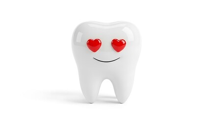 Shiny cartoon tooth with heart eyes and a smile, isolated on white background