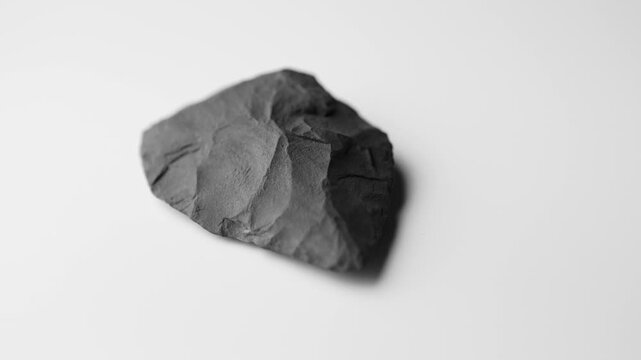 Paleolithic knife. Prehistoric tool in excellent condition. Biface, shaped on both sides from a single piece of flint. Evolution of stone tool technology. 4K video. black and white