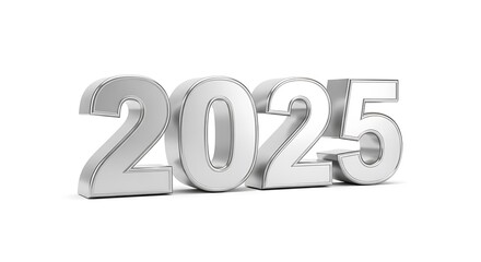 Shiny, three-dimensional, silver 2025 numerals, centered on a white background