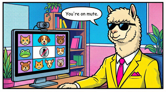 Llama in yellow suit participates in video conference call on computer with friends in office setting from front viewpoint