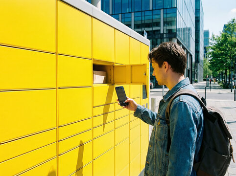 Man collecting package from yellow locker in urban city street scene viewed from the side