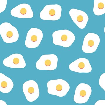 Seamless Pattern Fried Eggs, bright wallpaper illustration, flat eggs on blue background 