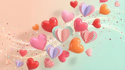 Vibrant 3D Heart Illustration Background for Valentine's Day Card Design and Romantic Concepts
