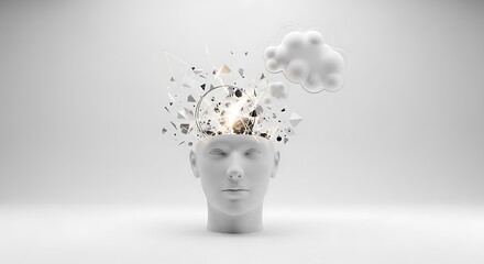 White head with brain exploding geometric shapes and a cloud, representing thought
